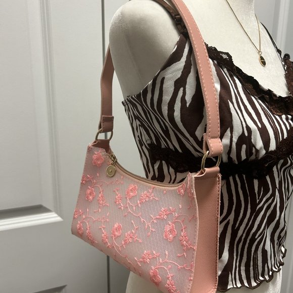 pink Floral Embroidered Baguette Bag - Picture 2 of 5